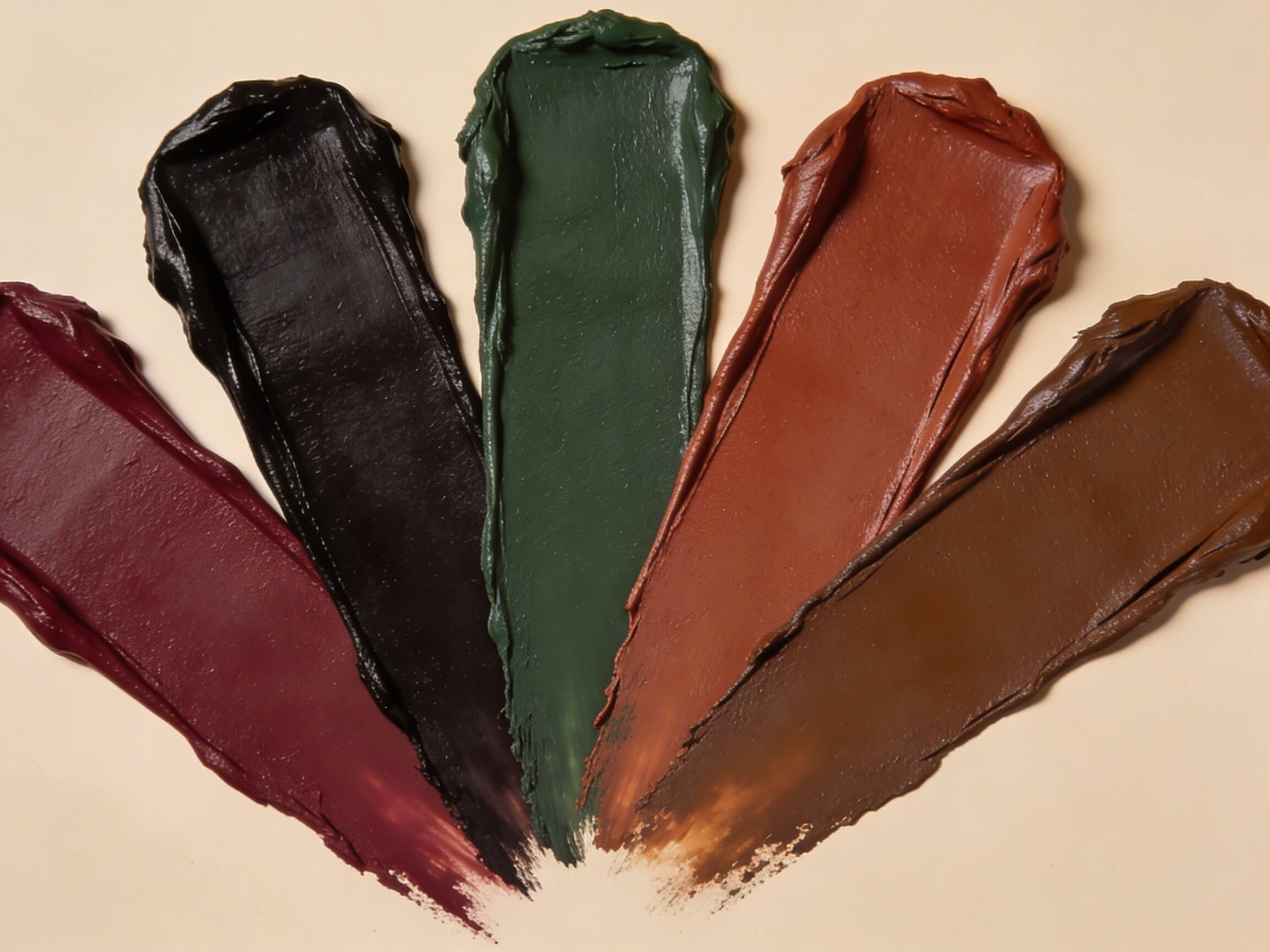 Deep Autumn colour palette: samples of intense burgundy, black chocolate, forest green, deep copper, dark camel