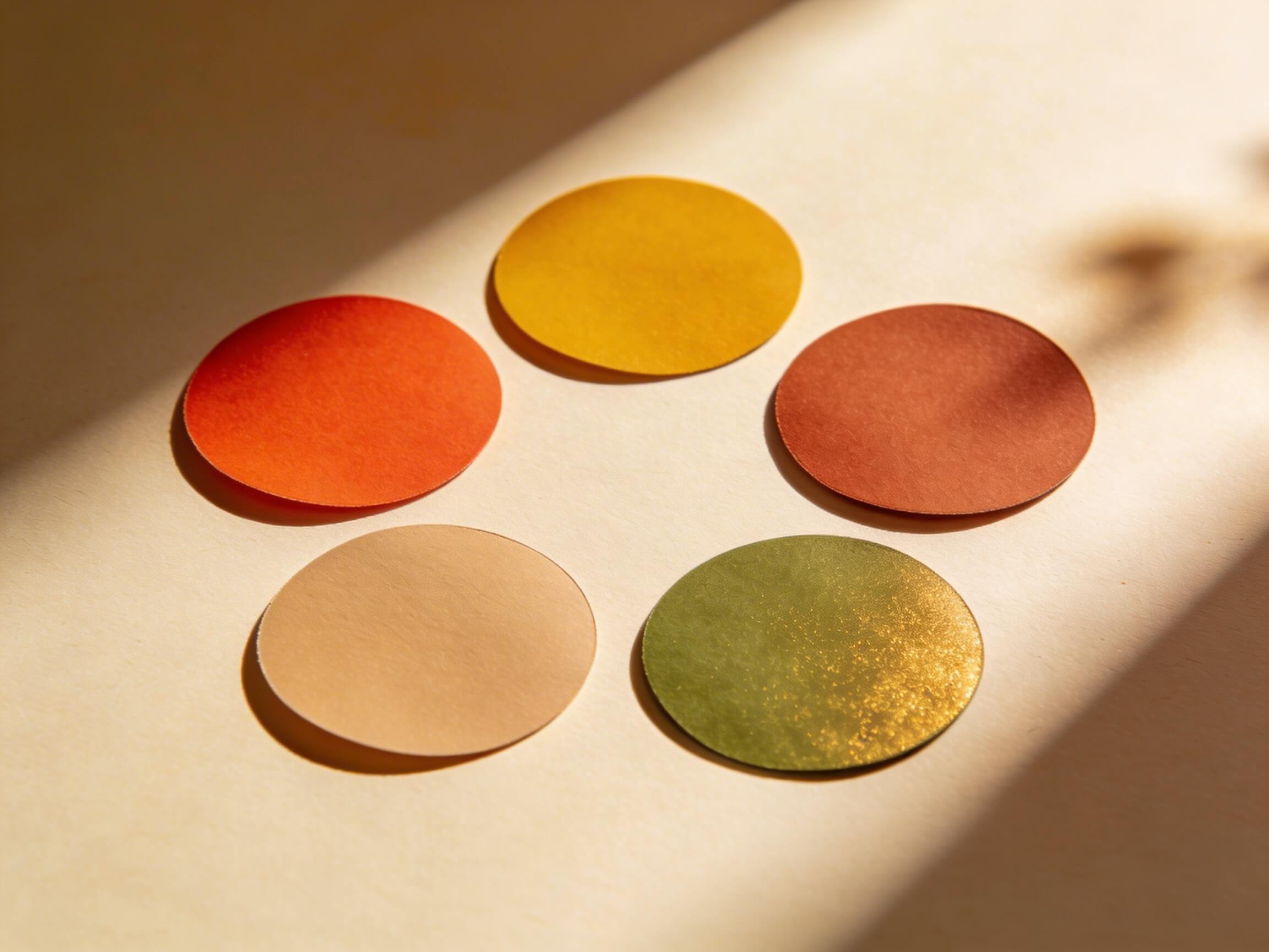 Warm Autumn colour palette: samples of vivid coral, mustard, terracotta, light camel, golden olive green
