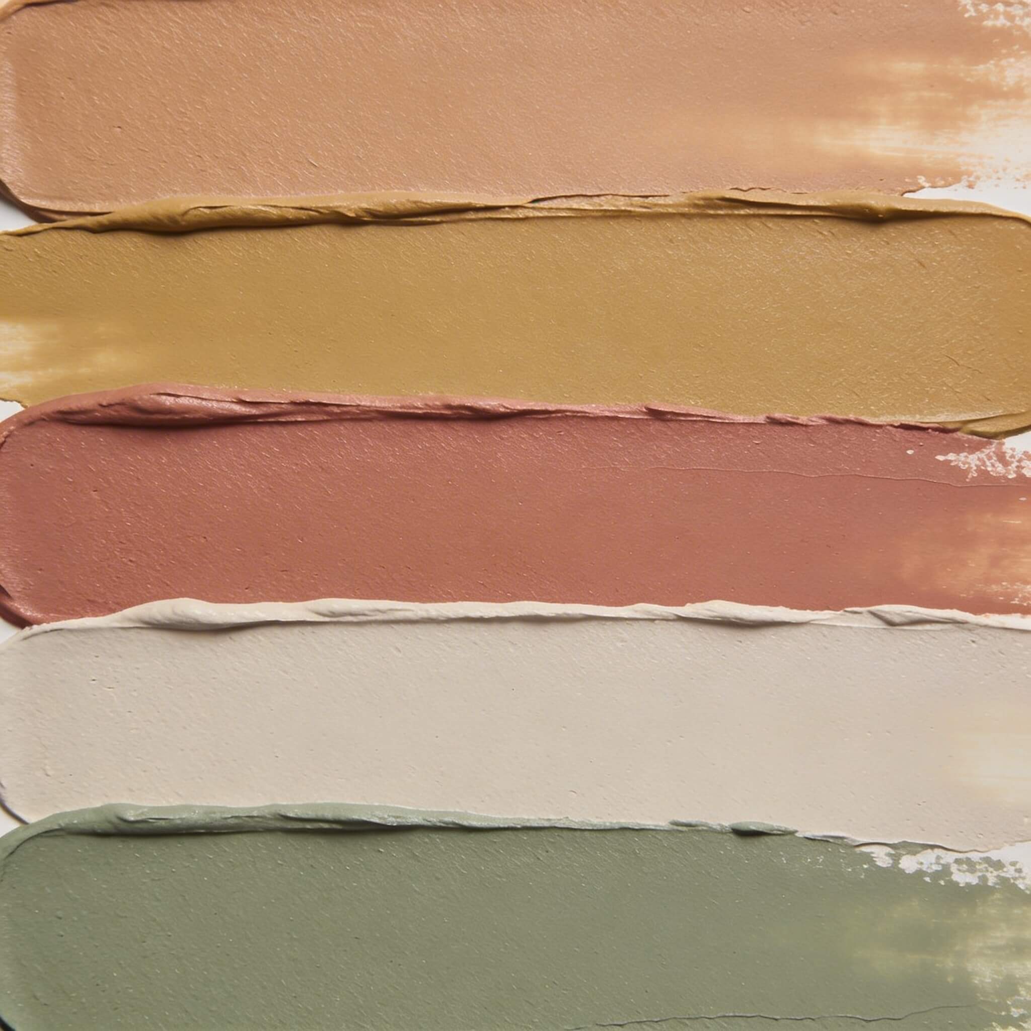 Soft Autumn colour palette: samples of warm taupe, soft khaki, muted brick rose, ashy beige, sage green