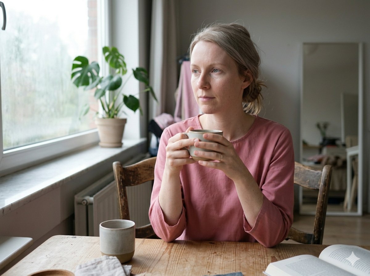 Woman in a pink top sitting at a table by a window, holding a cup with both hands