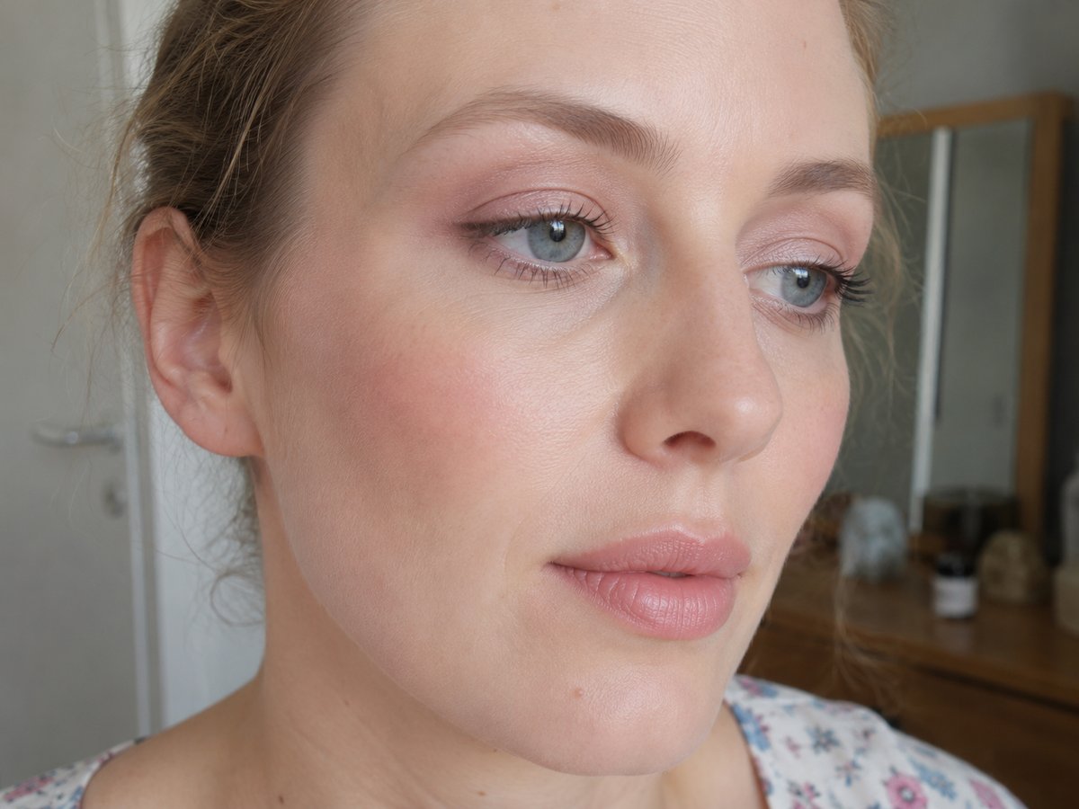 Light Summer makeup look with powder pink eyeshadow, soft grey mascara and pale rosy nude lips