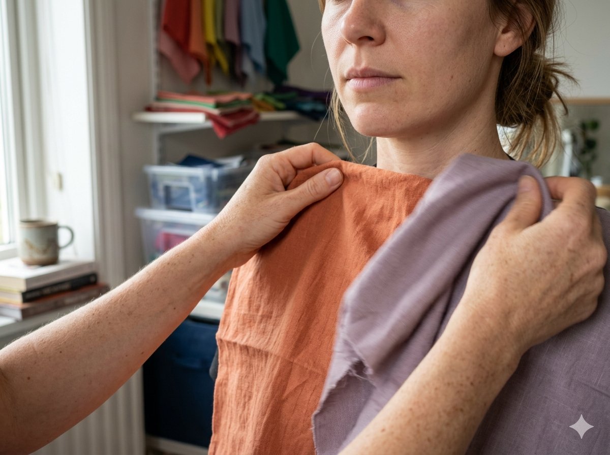 Hands placing a fabric swatch on a woman's shoulder during a colour analysis draping test