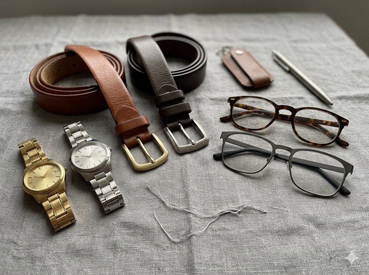 Men's accessories in gold and silver, watches, bracelets, cufflinks, matched to warm and cool colour undertones