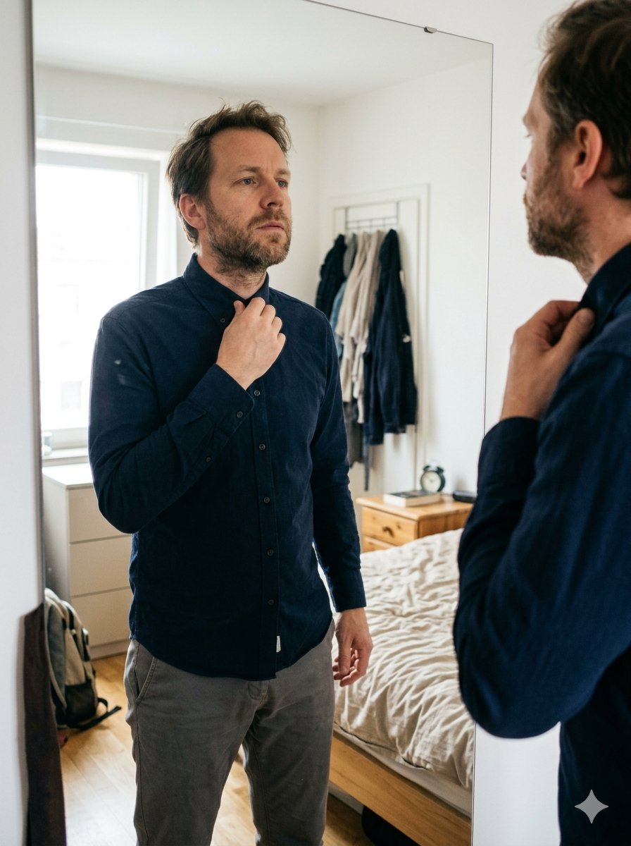 Man in a navy shirt adjusting his collar in front of a mirror