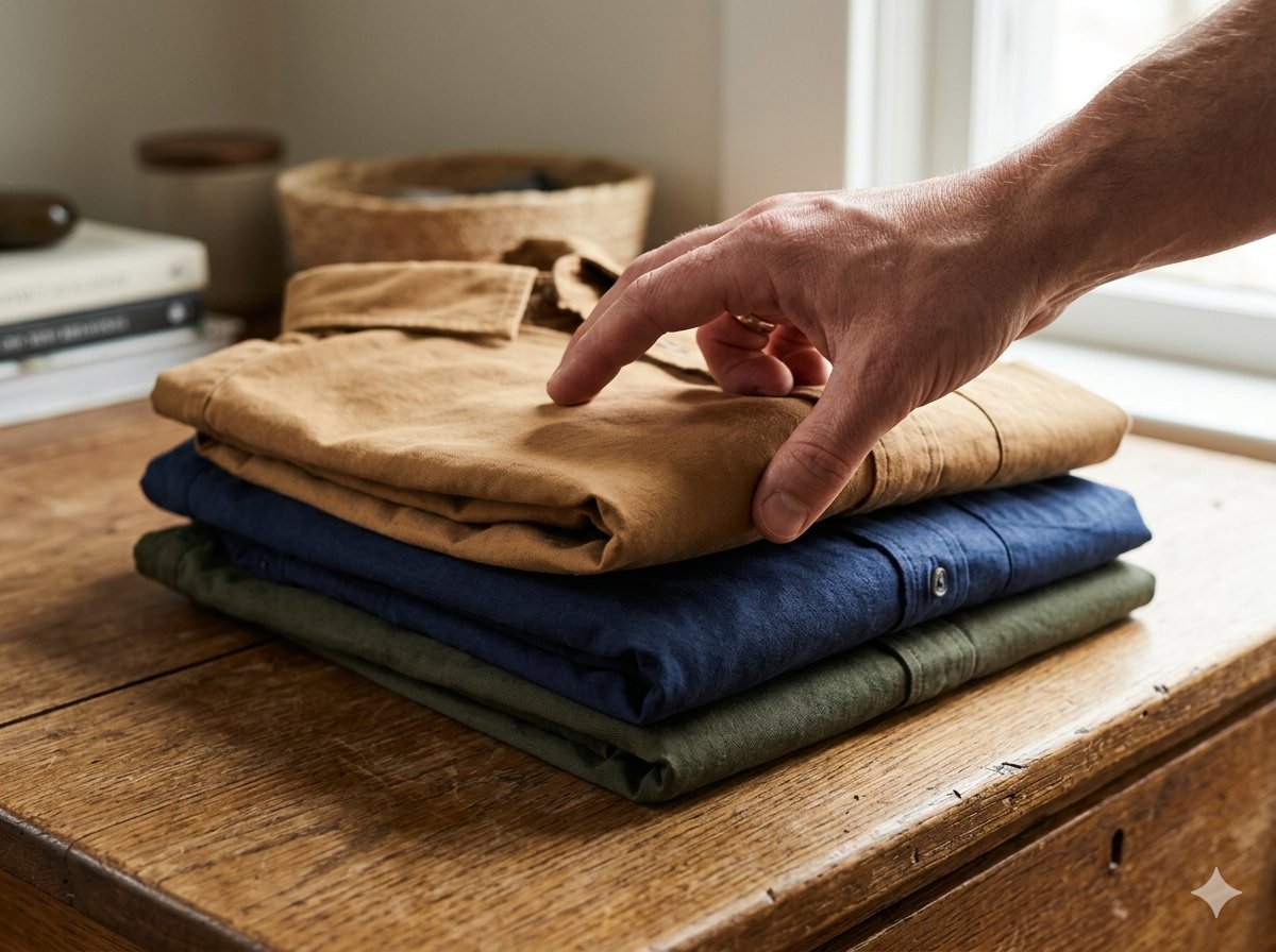 Hand reaching towards a stack of folded shirts on a wooden surface