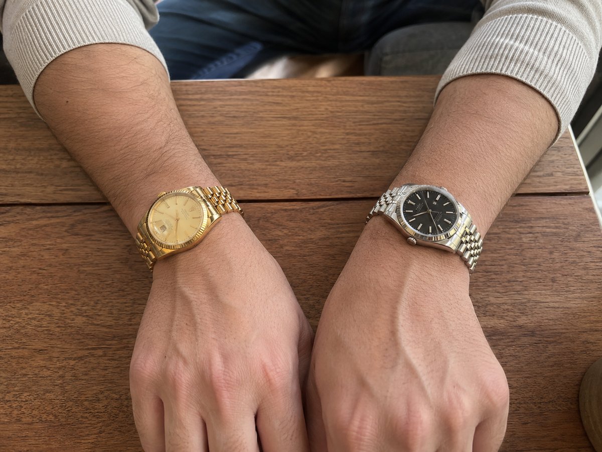 Gold-toned watch versus silver stainless steel watch on a man's wrist for the colour undertone test