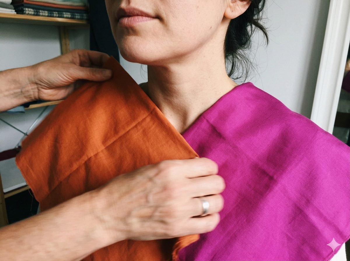 Colour analysis session with fabric drapes placed under a client's face in a UK studio