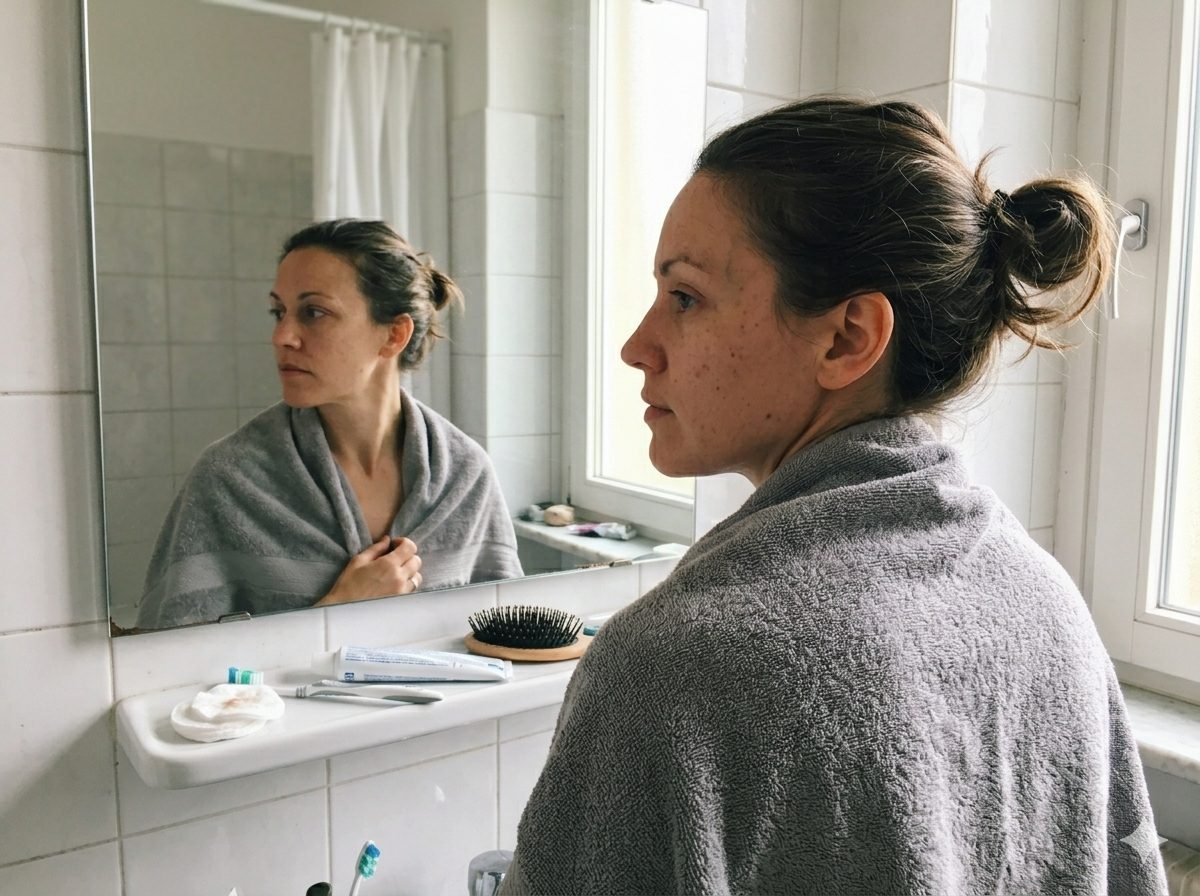 Woman preparing for a colour analysis session, bare-faced in natural light in front of a mirror