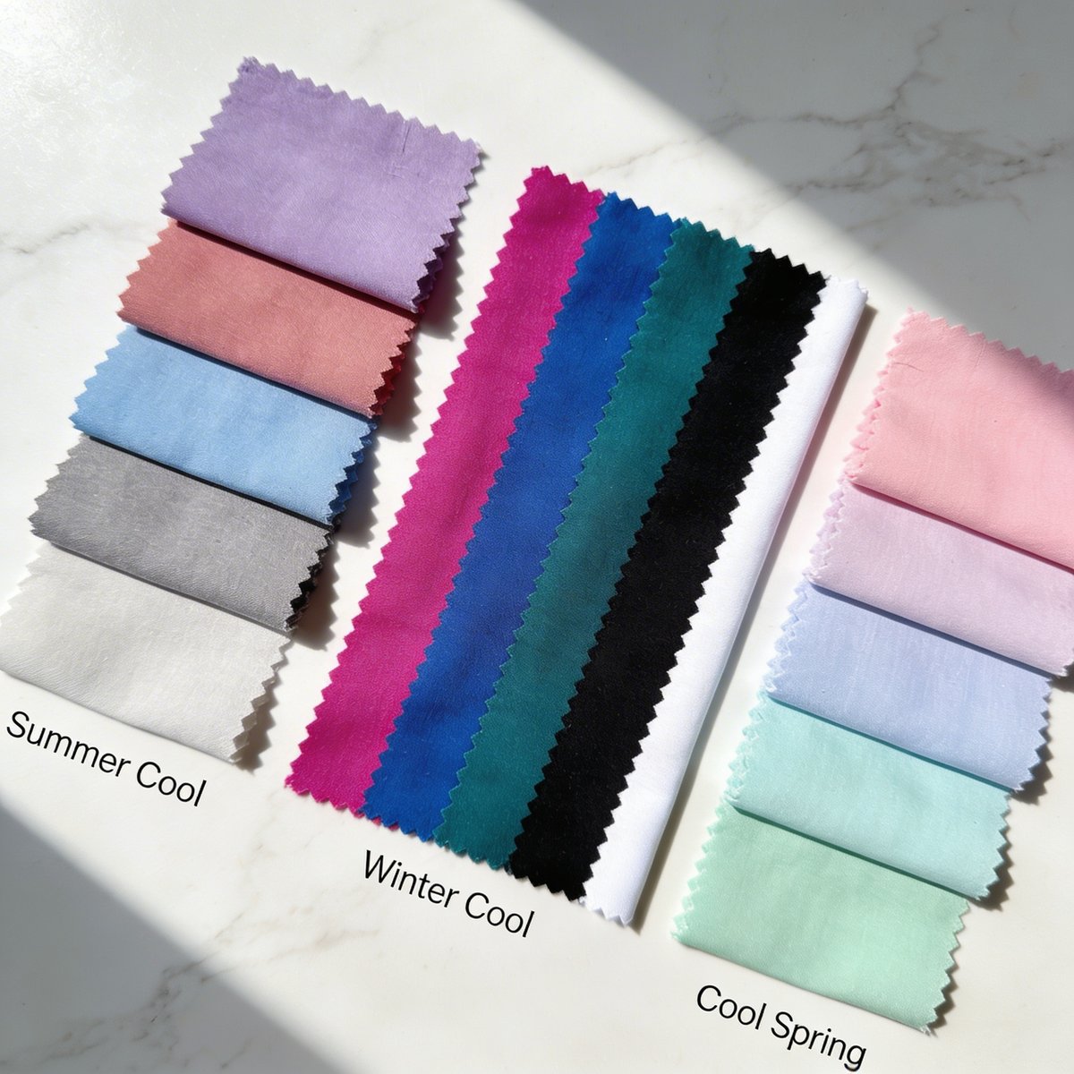 Fabric swatches labelled for the cool seasons: Cool Summer, True Winter and Cool Spring with their respective palettes