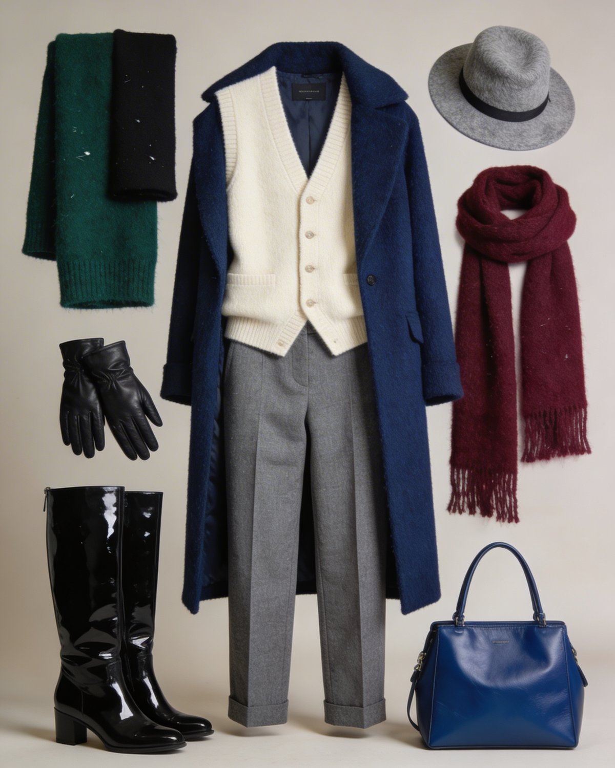 Complete True Winter outfit: navy coat, cream waistcoat, grey trousers, boots, beanie, burgundy and green scarves