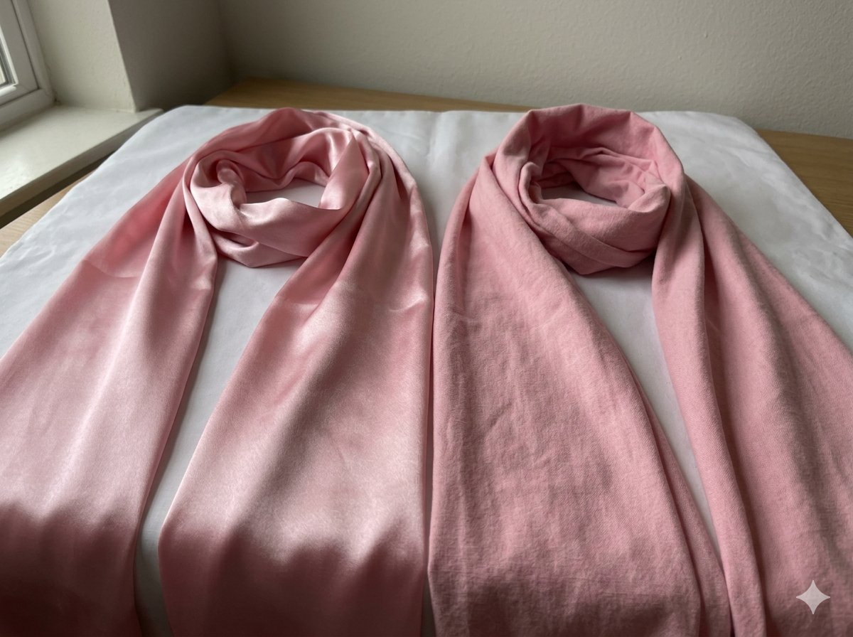 Two pink drapes placed side by side: one with a shiny satin finish, the other with a matte surface