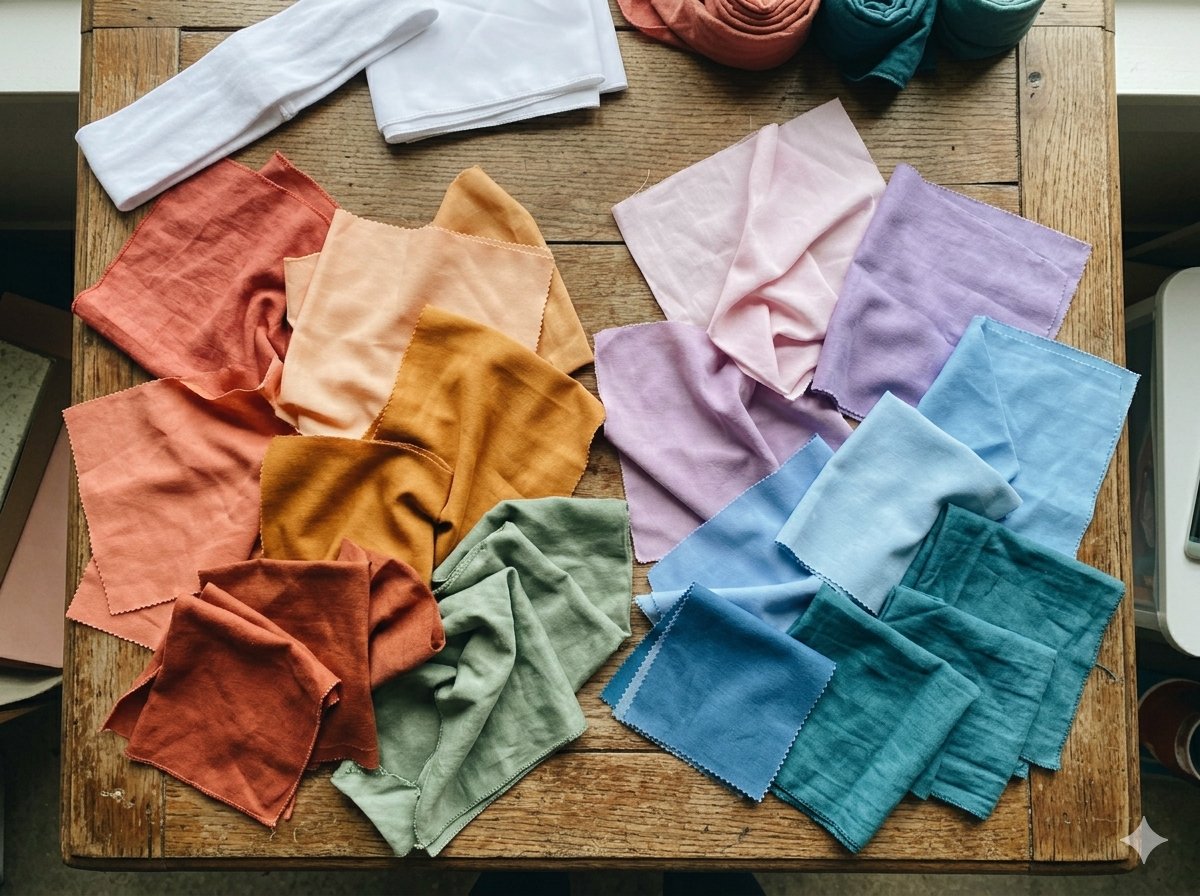Draping fabrics laid out on a wooden table, sorted by colour family: warm orange tones on the left, cool purples and blues on the right, greens in the centre
