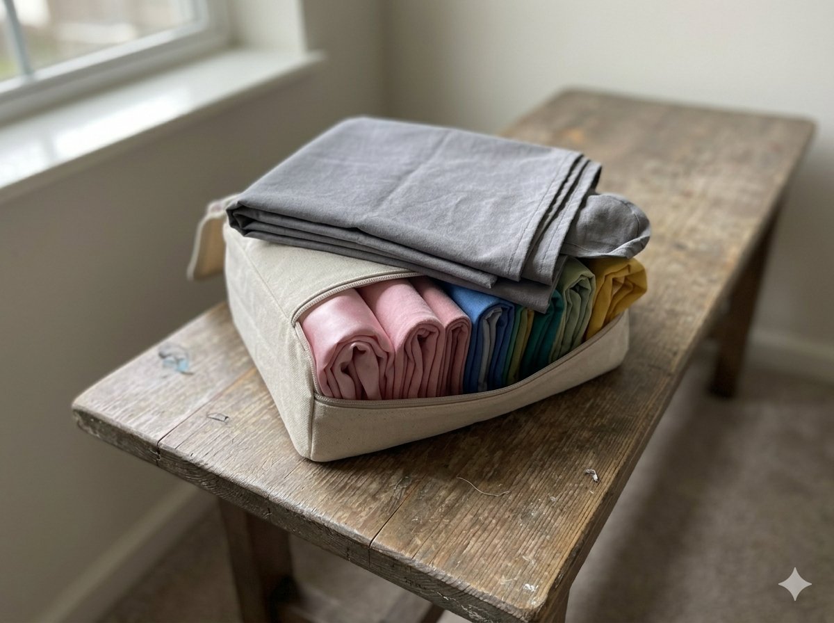 Canvas storage pouch containing folded draping fabrics neatly arranged inside, placed on a wooden surface