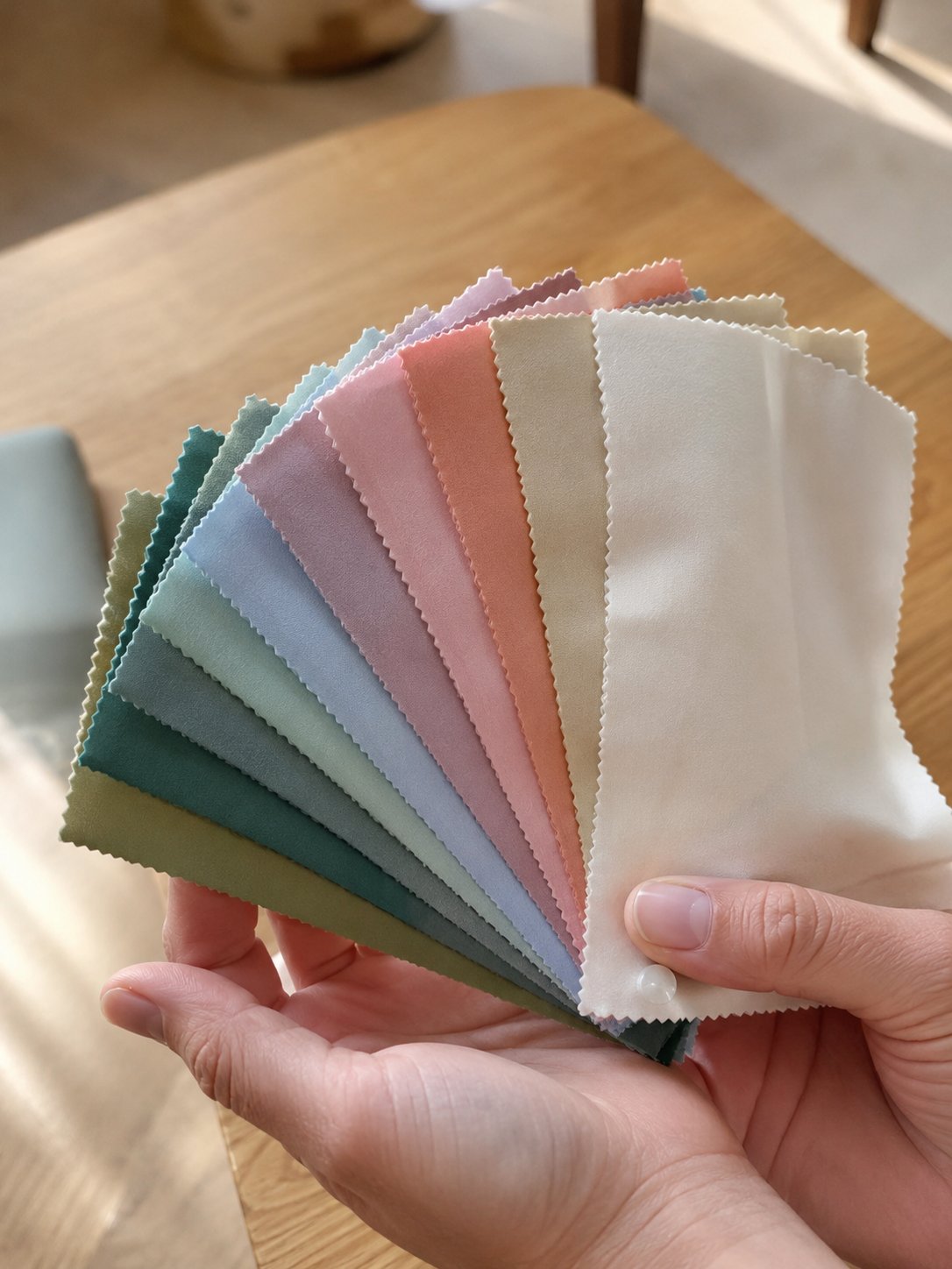 Hand holding a fan of small fabric colour swatches in pastel and cool tones, pocket-sized format