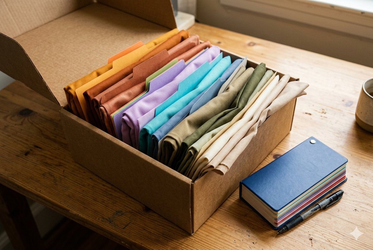 Well-organised professional colour analysis draping kit stored in a structured case by season