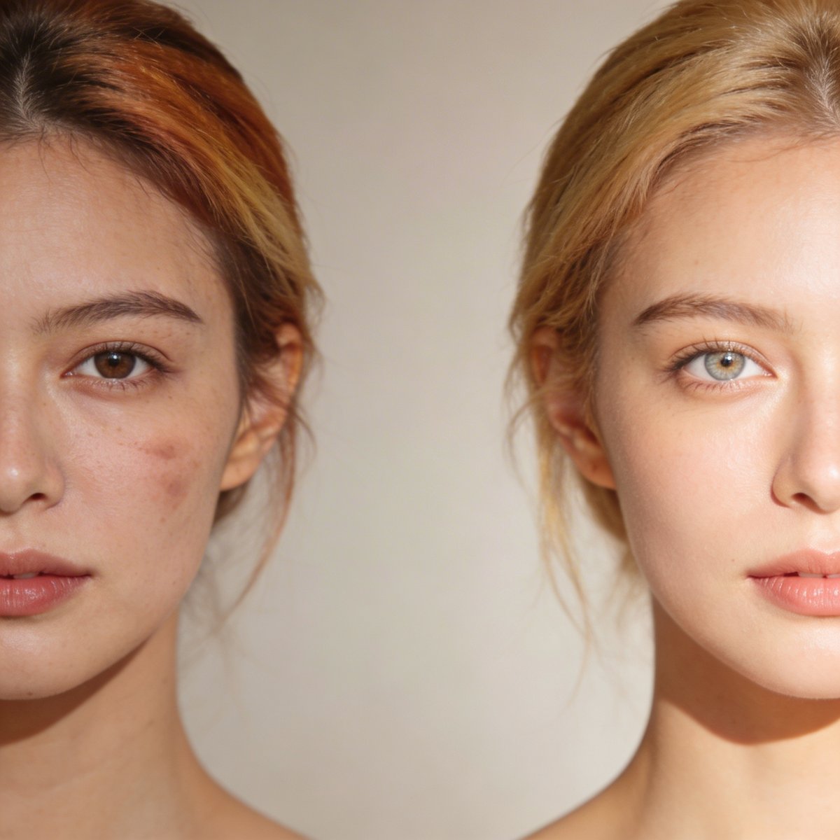 Before and after comparison showing the impact of colour analysis-matched hair colouring