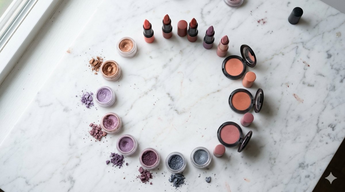 Colour wheel showing makeup shade recommendations for each of the four colour analysis seasons