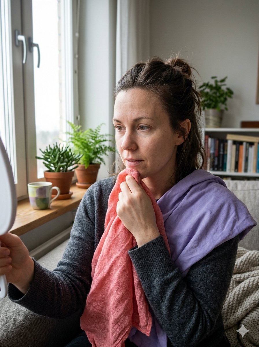 Woman holding coloured fabric close to her face in natural light to observe the effect on her complexion
