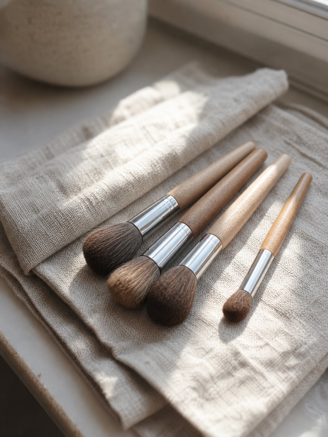 Wooden-handled makeup brushes with natural bristles resting on a linen cloth in natural light