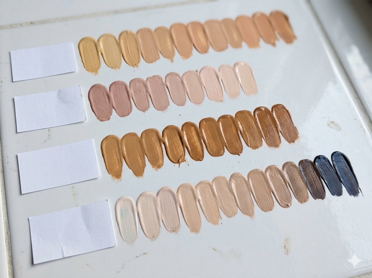 Foundation shade guide organised by colour season showing warm and cool undertone ranges