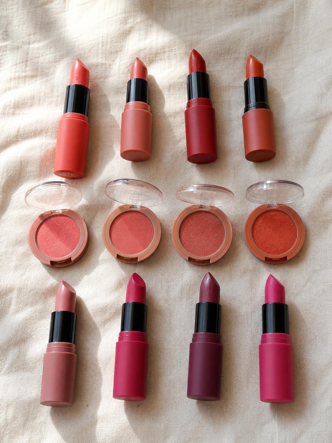 Range of lipsticks and blushes arranged by colour season showing warm and cool undertone shades