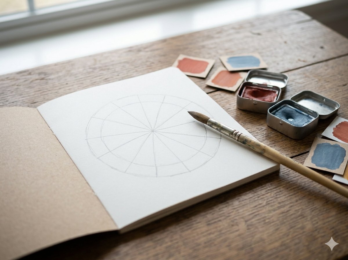 Open sketchbook with a hand-drawn colour wheel circle and a paintbrush, on a wooden table with watercolour paint pans