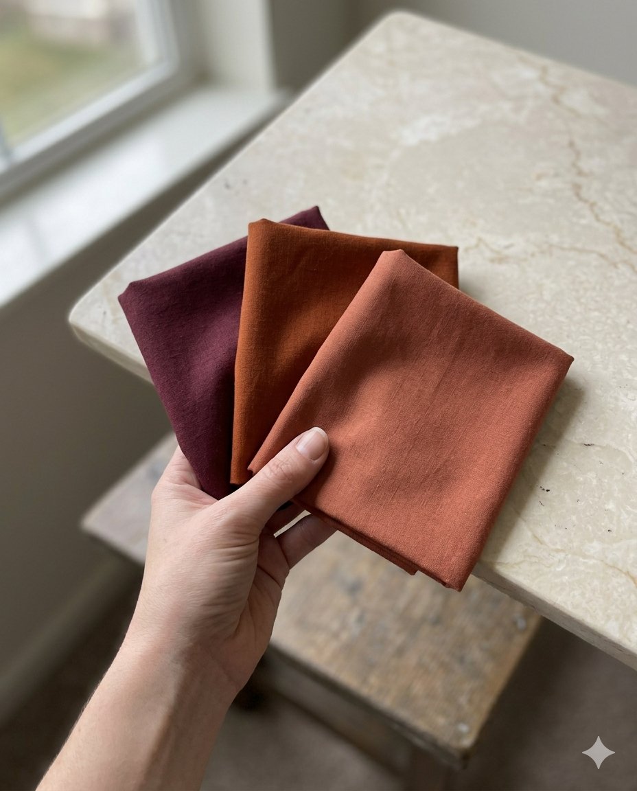 Hand holding four folded fabric swatches in warm analogous tones: burgundy, rust, terracotta and salmon