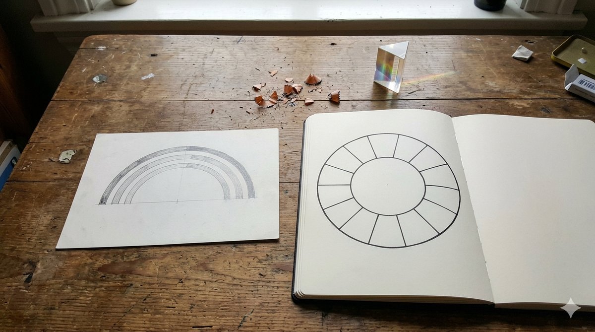 Wooden table with a printed spectrum arc, an open sketchbook showing a blank 12-segment colour wheel, and a glass prism