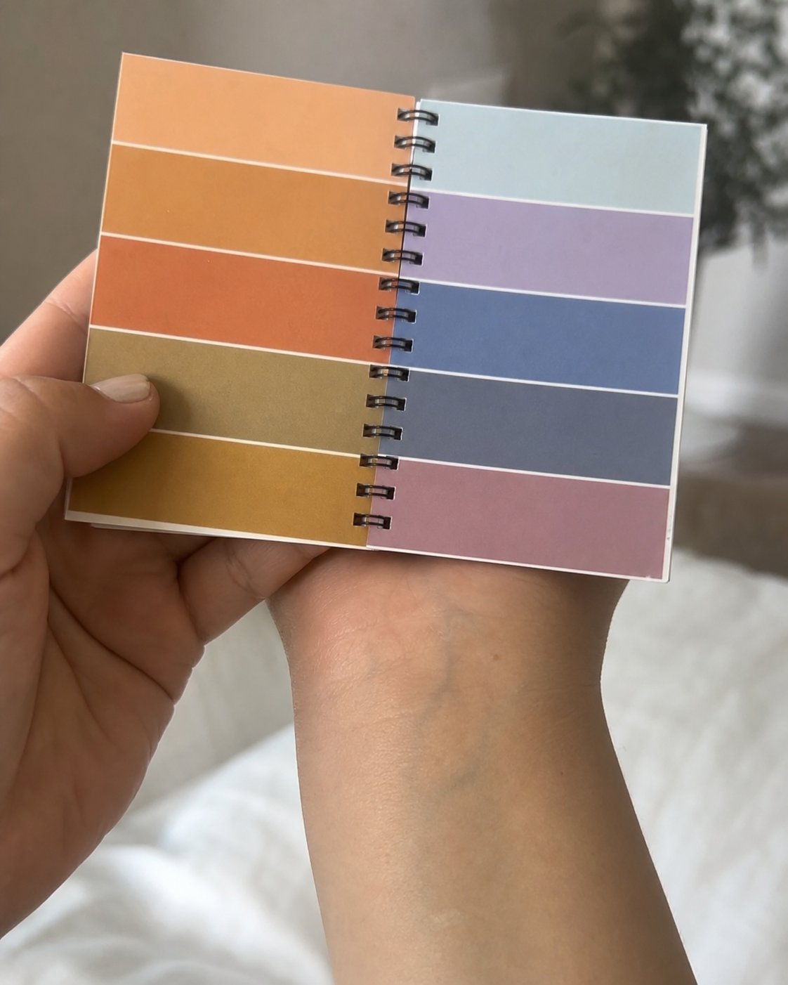 Hand holding a spiral-bound colour swatch booklet showing warm and cool colour strips side by side