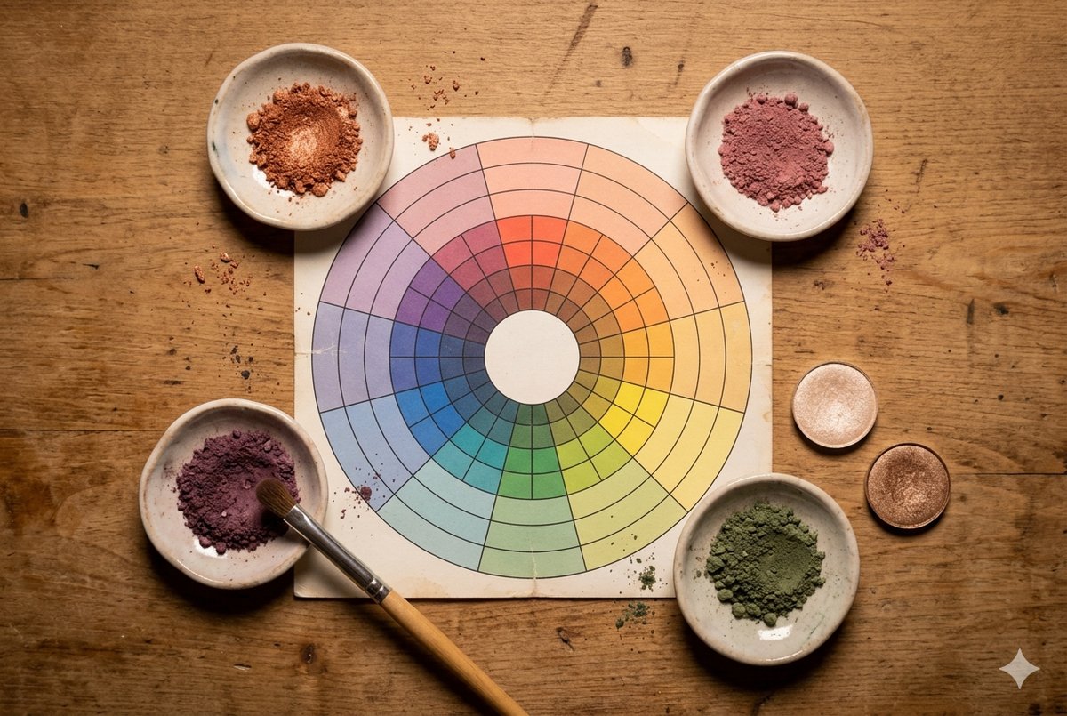 Printed colour wheel surrounded by small bowls of pigment powders (terracotta, mauve, nude, green) and a makeup brush