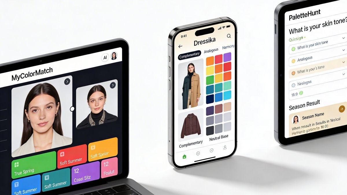 Side-by-side view of MyColorAnalysisAI, Dressika and PaletteHunt interfaces for free online colour analysis