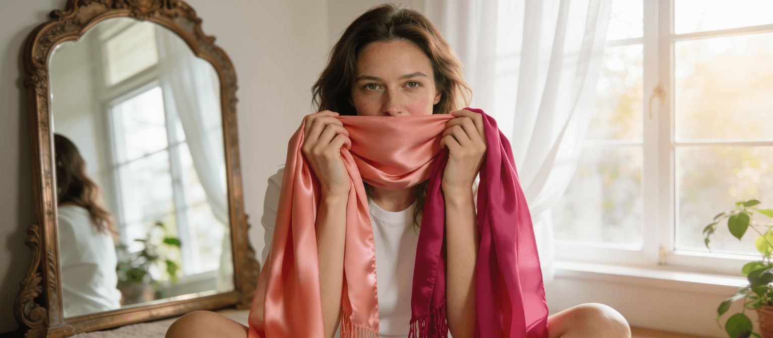 Woman performing a draping test with warm and cool colour scarves