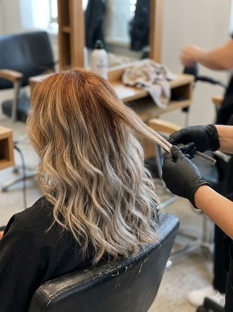 Before and after comparison of a balayage correction from brassy orange tones to cool ash blonde using targeted pre-lightening and neutralisation techniques
