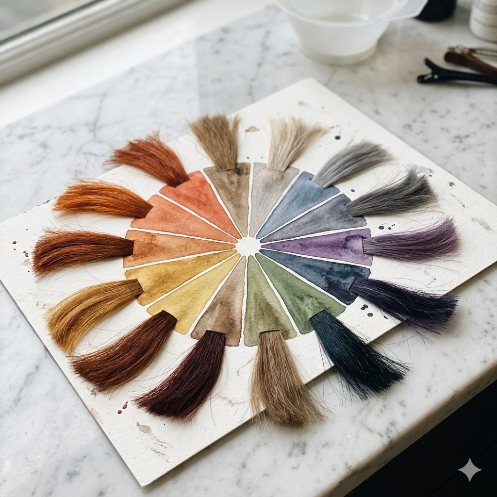 Professional colour wheel for hairdressers showing primary and secondary colours, complementary pairs and their neutralisation relationships in hair colouring