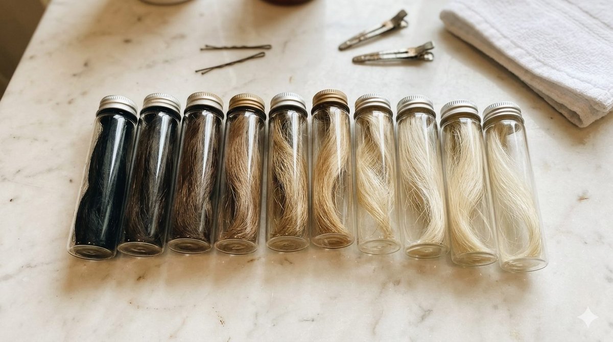Visual scale of hair depth levels 1 to 10 with corresponding natural hair examples and underlying lightening pigments at each stage