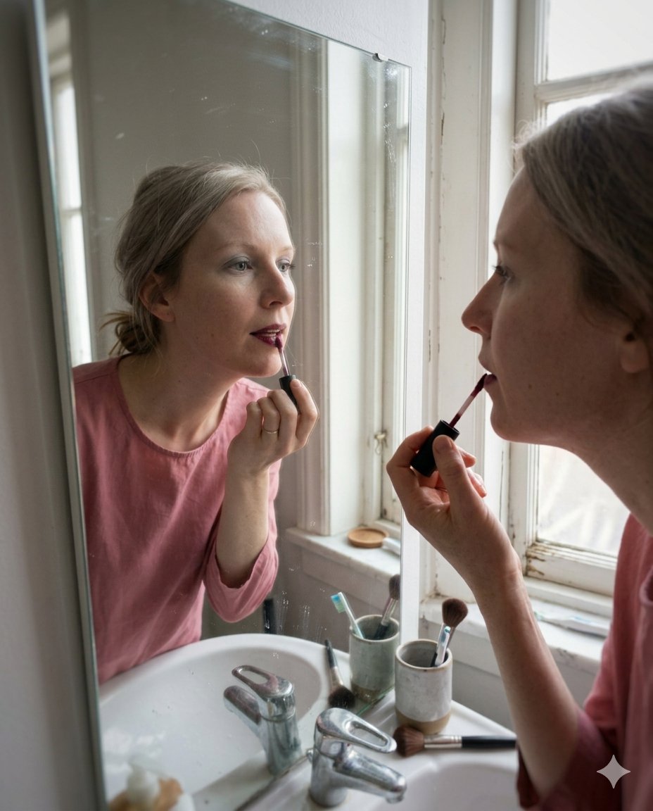 Woman applying a dark lipstick while looking in a bathroom mirror